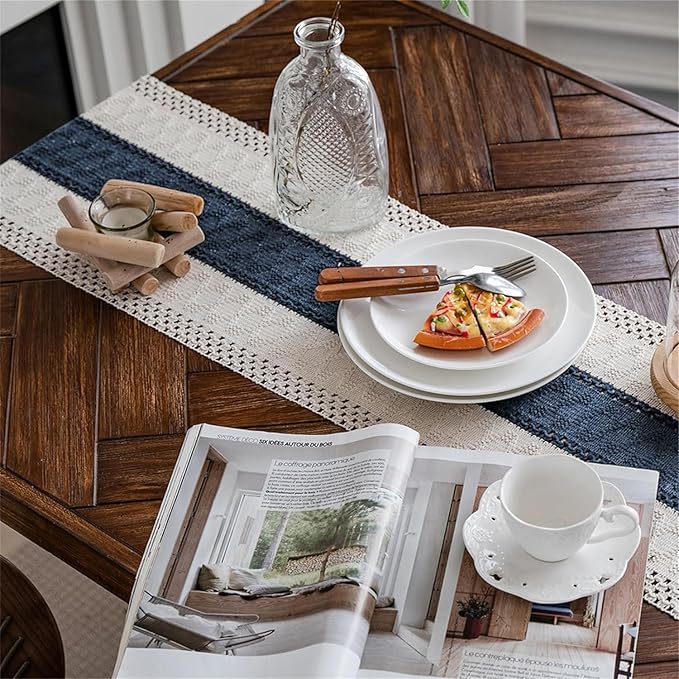 Macrame Table Runner Cream Beige and Blue Boho Table Runners with Tassels Hand Woven Cotton Table Runner Rustic Farmhouse Table Runners for Bohemian Kitchen Dining Table(12x60in)