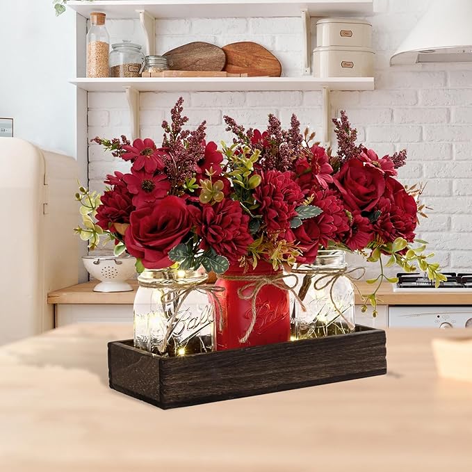 BLEUM CADE Mason Jar Centerpiece Table Decorations, Mason Jar Lights Centerpiece for Kitchen Dining Table Farmhouse Coffee Table Wedding Home Decor with 3 Jars Artificial Flowers & Wood Tray