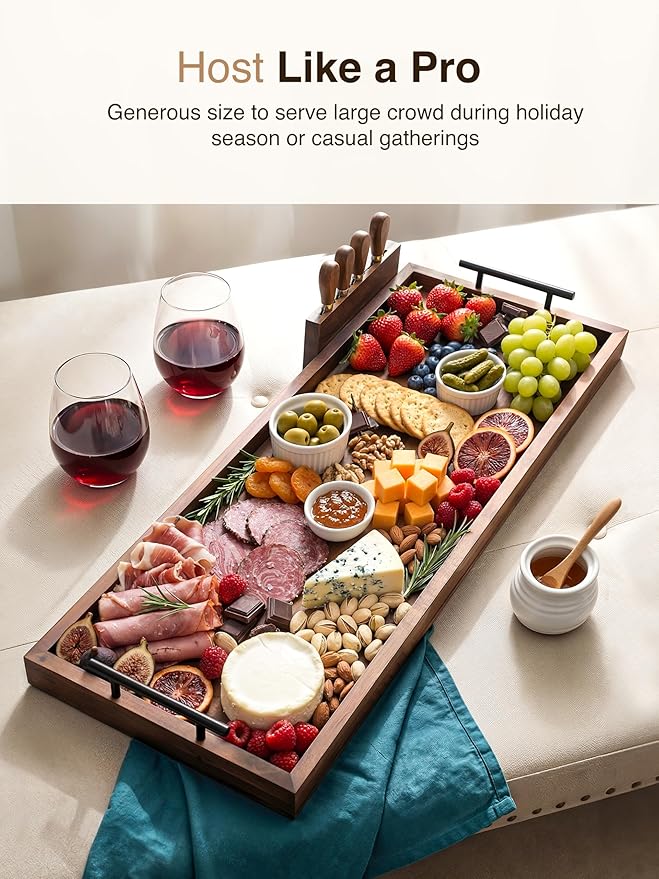 TIDITA Acacia Large Charcuterie Boards for Party with Cheese Knife Set of 4 – Acacia Wood Serving Tray with Handles, Long Charcuterie Board, Wooden Cheese Board (Walnut Color, 30 Inch)