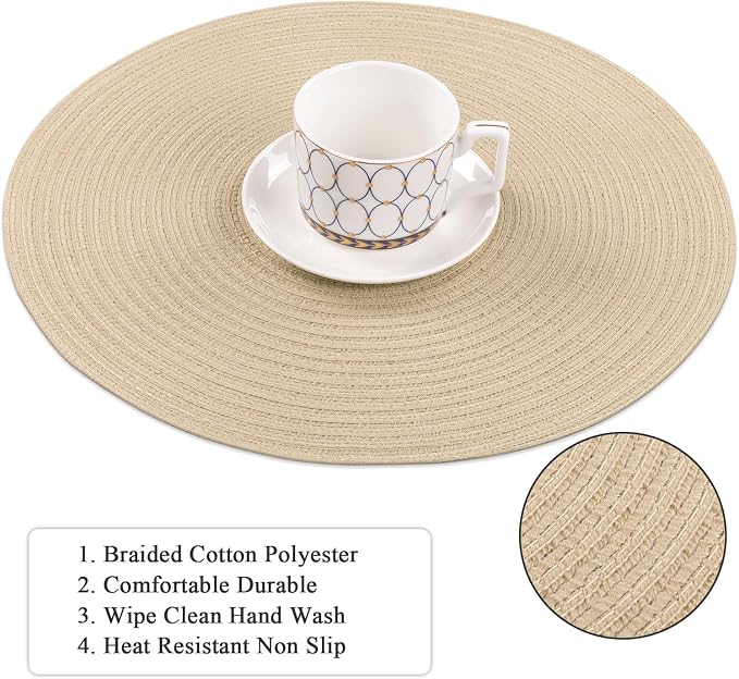 SHACOS 15 inch Round Braided Placemats Set of 4 Cotton Polyester Place Mats Washable Kitchen Dining Table Mats for Dinner Party Table Decor (Light Beige, 4)