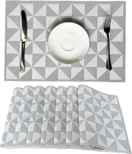 Placemat,Blending Color Durable Woven Vinyl Placemat Washable Heat-Resistant Anti-Skid Kitchen Dining Table Mats (Set of 8, White Black)