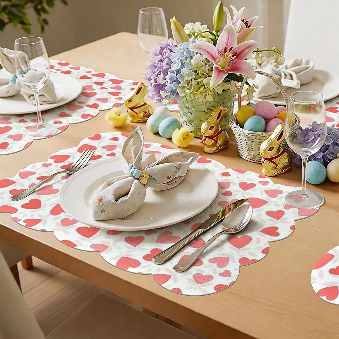 Vinyl Placemats Set of 4-12x17 Inch - Heat Resistant Washable Place Mats Waterproof Non-Slip Wipeable Table Mats for Dining Table Decor, Indoor/Outdoor Plastic Love Mat.