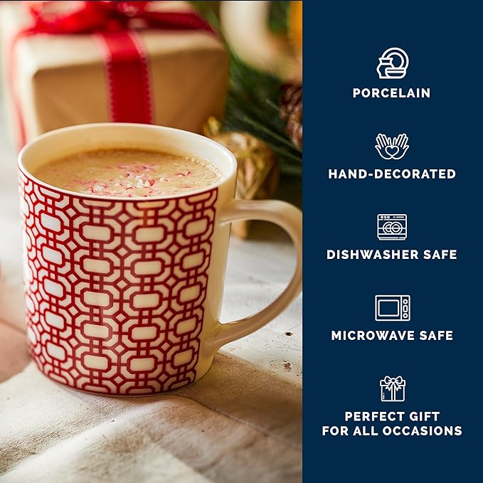 Caskata Newport Garden Gate Crimson Oversized Mugs Set of 4 | High-Design Lead-Free Porcelain Mug Set for Entertaining or Everyday | Unique Party Mugs for Wedding or Birthdays | 14 oz