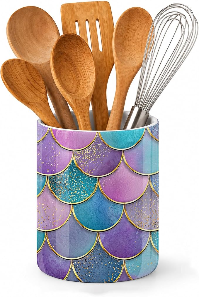 Mermaid Fish Utensil Holder for Countertop,Pink Scales Marble Ceramic Utensil Crock Organizer for Home Kitchen Spoons,Spatulas and Cooking Tools