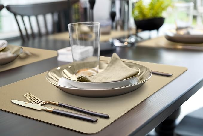 More Décor Faux Leather Placemats Set of 4 for Dining Table – Waterproof, Wipeable, Washable, Stain & Heat Resistant, Non-Slip Table Mats – 12 X 17 Inch, (Solid Beige 4)