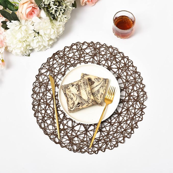 IcosaMro Brown Round Placemats Set of 6 for Dining Table, 15 Inch Paper Woven Boho Decorative Tan Circle Place Mat for Wedding Christmas Thanksgiving Day Holiday Dinner, Tan Brown