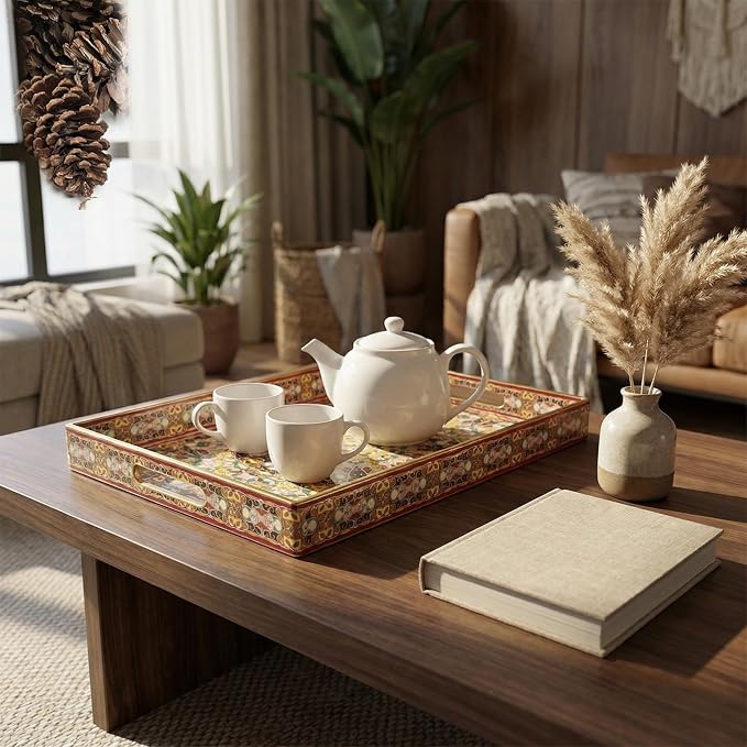 2pcs Boho Red Decorative Serving Tray, Modern Plastic Tray with Handles for Coffee Table, Living Room, Ottoman, Home Decor, Large, 15.7"*11.8"*1.6", Small 13.7"*9.8",