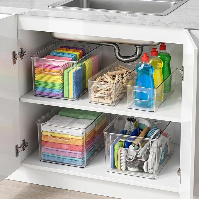 YKIOKE 8 Pack Clear Plastic Storage Bins with Handles,4 Large and 4 Small Stackable Organizer Containers for Kitchen, Countertops, Cabinets, Fridge, Drinks, Fruits, Vegetable, Cereals