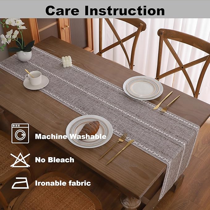 Gernaice Boho Table Runner, Rustic Embroidered Cotton Linen Farmhouse Table Runners for Holiday Wedding Dining Living Room Bedroom Home Decor, 72" L X 13" W Dark Brown