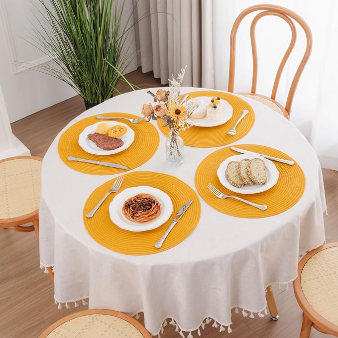 SHACOS 15 inch Round Braided Placemats Set of 6 Non Slip Washable Kitchen Table Place Mats Cotton Polyester Heat Resistant Table Mats for Home Wedding Dinner Party Table Decor, Mustard Yellow