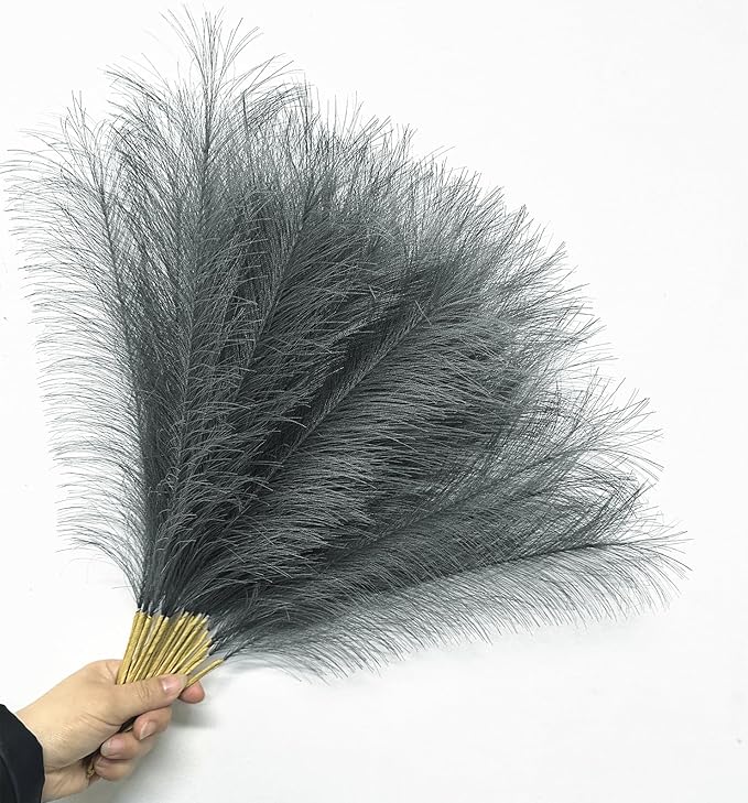 Fake Pampas Grass Artificial Fluffy Flowers Gray - 17 Inch 30 Pcs, Vase Filler Plant for Home Decor Faux Pampas Grass Stem Reeds Floral Plants Wedding Branches Party Christmas DIY Boho Decoration Grey