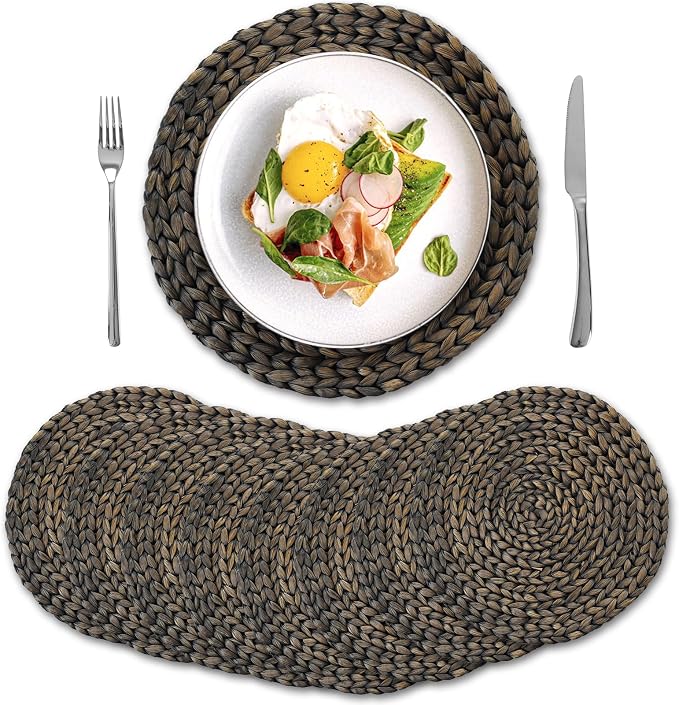 8 Pack, Round Woven Placemats, Natural Water Hyacinth Wicker Place Mats, Braided Straw Table Mats for Dining Table, Fall, Halloween, Thanksgiving, Chrismats, Black (13.8 inch)