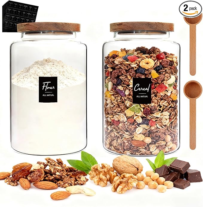 Glass Storage Jar with Bamboo Lids Spoons Glass Coffee Canister Borosilicate Glass Food Container for Coffee Beans Nut Pasta Sugar Candy Spice Rice Loose Tea (2800/94oz-2pack)
