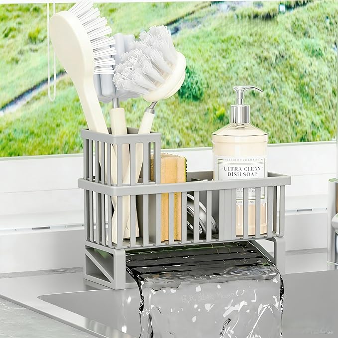 Yieach Rustproof Sink Caddy & Kitchen Sink Organizer,Plastic Dish Sponge Holder with High Scrub Brush Holder,Sponge Rack for Kitchen Sink,Multifunctional Sponge Drain Rack,Dish Soap Caddy & Dispenser