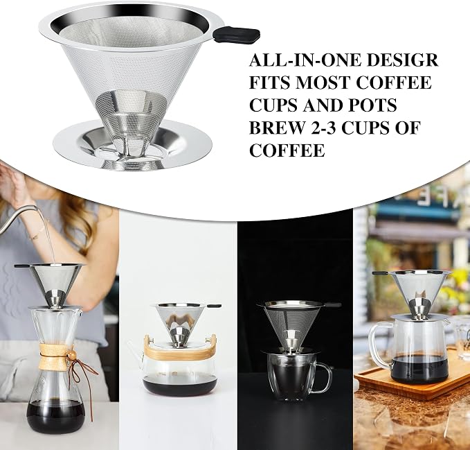 Pour Over Coffee Dripper Slow Drip Paperless Coffee Filter, Double Mesh Stainless Steel Pour Over Coffee Maker for Single Cup Brew Cone Filter, Integrated Cone Coffee Drip Fine Mesh Strainer(1-2 Cup)