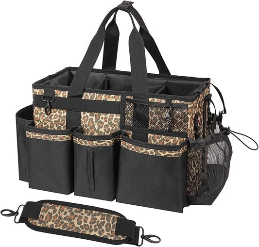 SCAVATA Wearable Cleaning Caddy, Cleaning Caddy Supplies Organizer with Handle & Shoulder Straps for Housekeepers, Under Sink & Car Cleaning Tool Organizers Bag with 4 Foldable Divider (Leopard)