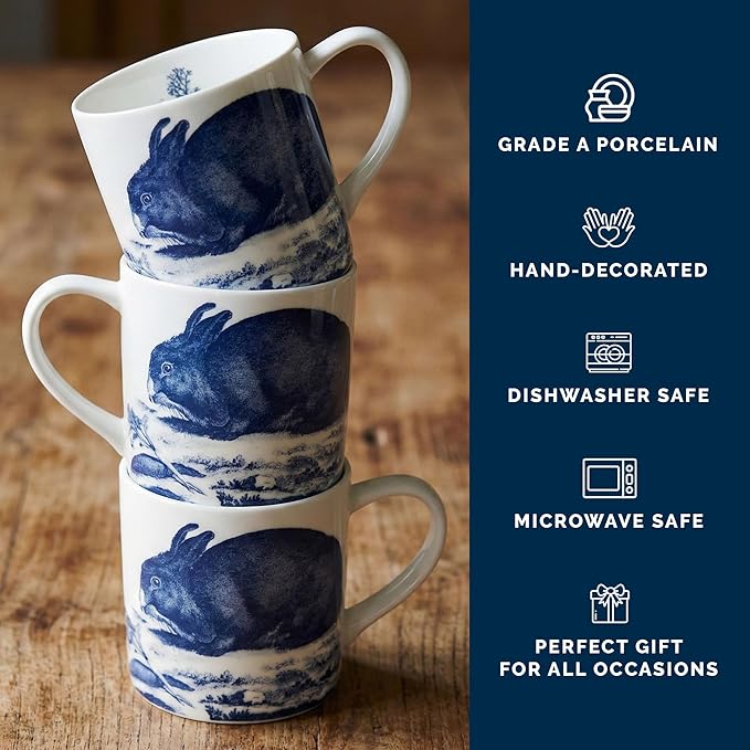 Caskata Bunnies Blue Oversized Mugs Set of 4 | High-Design Premium Lead-Free Porcelain Mug Set for Entertaining or Everyday | Unique Party Mugs for Wedding or Birthdays | 14 oz