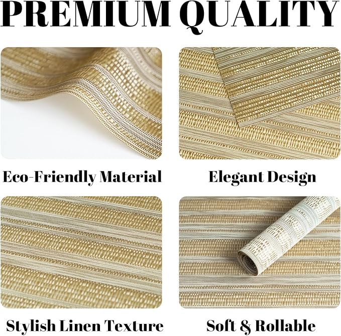 Placemats Set of 8 Vinyl/Plastic Woven Place Mats for Kitchen Table Indoor/Outdoor Washable Placemat Wipeable Dining Table Mats (Aurora Gold,8)