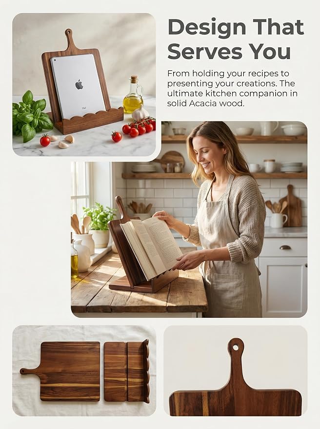 Acacia Wood Cookbook Stand for Kitchen Counter 15.7"x11.8" with Handle, 2-Piece Scalloped Recipe Book Holder with Removable Charcuterie Board, Rustic Kitchen Decor, Gift-Ready Recipe Card Display