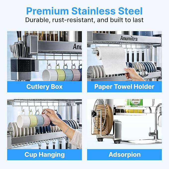 ANUMITRA Over Sink Dish Drying Rack – Stainless Steel 3-Tier 33.5 in Dish Drainer Rack, Space-Saving Kitchen Sink Organizer with Plate & Bowl Holders, Cutting Board Rack, Utensil Cup, Adjustable Feet