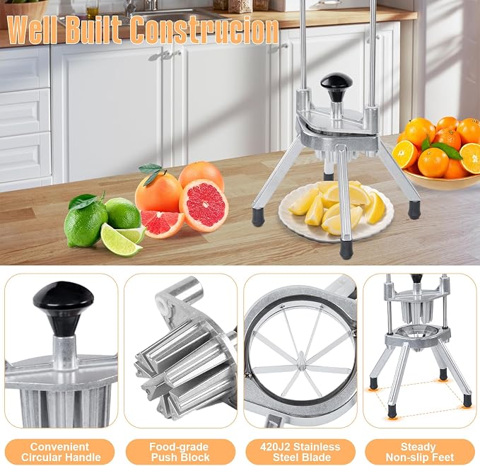 Commercial Lemon Cutter, 4/6/8-Section Stainless Steel Fruit Slicer with Blade, Heavy Duty Cast Aluminum, Non-Slip Base, Easy Clean Citrus Cutter for Bar, Restaurant & Home Kitchen