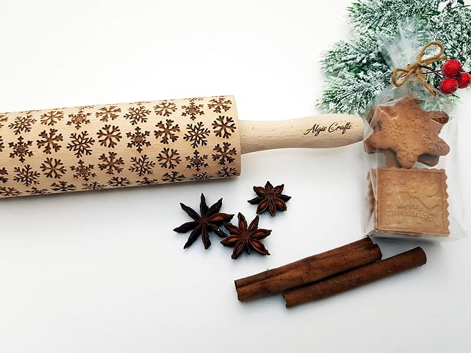 SNOWFLAKES Embossing Rolling Pin Laser Engraved Dough Roller for Christmas Gingerbread