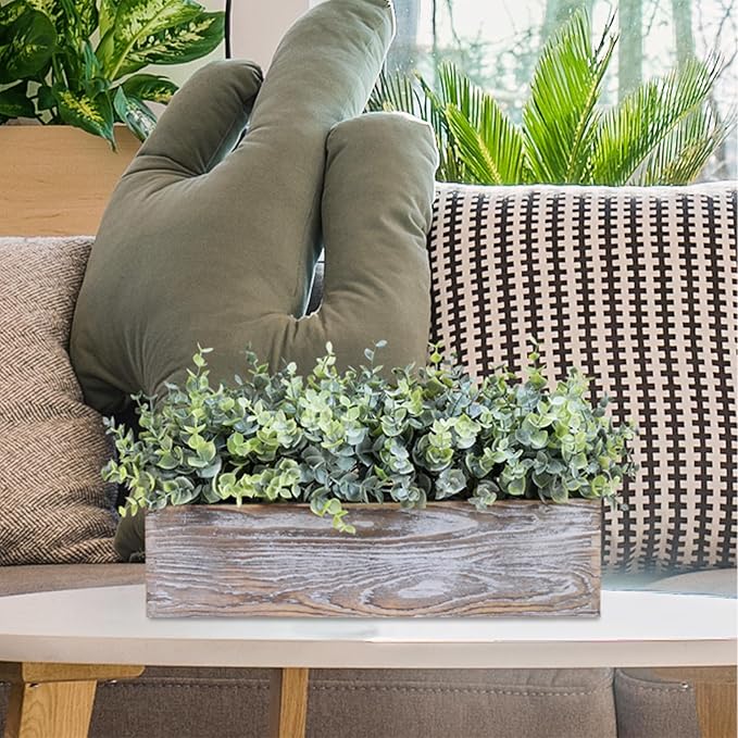 Winlyn 14" Artificial Eucalyptus in Rustic Rectangular Wooden Planter Box Faux Potted Eucalyptus Plant Greenery Arrangement for Home Wedding Dining Table Centerpiece Farmhouse Mantel Shelf Décor