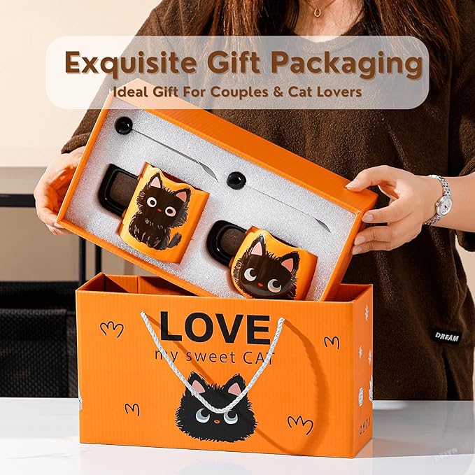 Cute Black Cat Couple Coffee Mugs Gift Set - Ceramic Matching Mugs with Spoons, Set of 2 (12.8 oz & 13.5 oz), Perfect Valentine's Day, Christmas, Anniversary Present for Cat Lovers & Couples