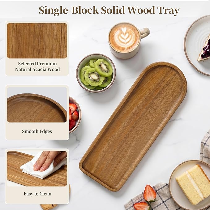 Small Wooden Tray | Acacia Wood Tray for Vanity, Bathroom Counter, Coffee Table & Toilet | Perfect for Jewelry, Remote, Keys & Catch All | Mini Charcuterie Board Serving Platter (Racetrack-Shaped)