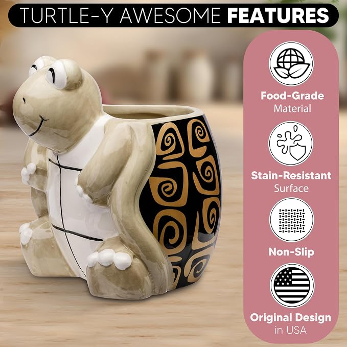 Turtle Kitchen Utensil Holder - Sea Turtle Storage Crock - Tortoise Home Decorations - Gift Decor - Office Holiday Theme Party Accessories - Lucky Gold Spirals