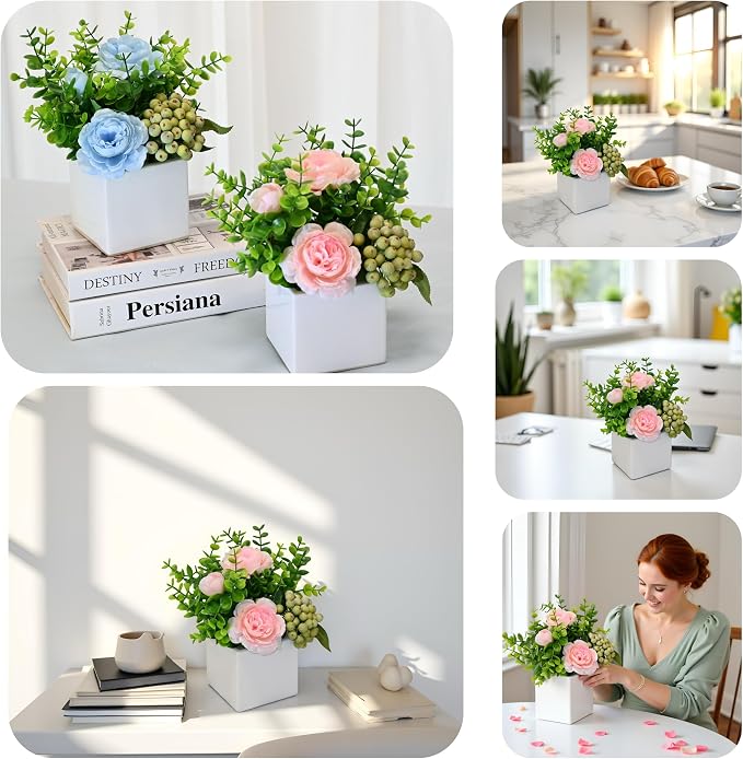 Pink Artificial Rose Eucalyptus Berry Faux Floral Table Home Bathroom Decor | Faux Floral Decor with Eucalyptus Leaves Frosted Green Berries, Small Potted Plant for Office Desk Indoor Home Decorations