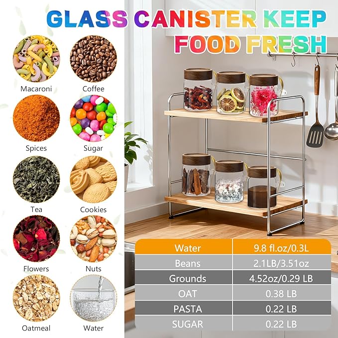 10 oz Small Glass Jar with Spoon and Airtight Wood Lids set of 6,Sugar Ground Herb Canister Round Food Storage Container for Spice Jams Coffee Pasta Candy Rice Loose Tea (300ml/10oz-6Pack)