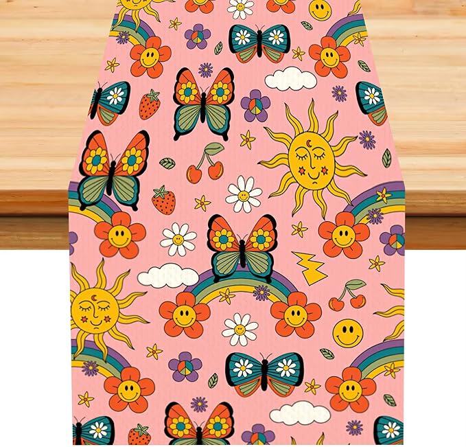 Retro 70s Floral Table Runner,Vintage Hippie Summer Groovy Daisy Flower Table Runner for Home Kitchen Dining Table Party Holiday Decor 13"x60"
