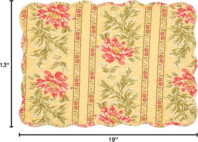 C&F Home Freya Green Leaves & Pink Flowers Vintage Design Quilted 100% Cotton Set of 6 Placemats 13" x 19" Spring Floral Fall Autumn Harvest Thanksgiving Kitchen Tabletop Reversible Machine Washable