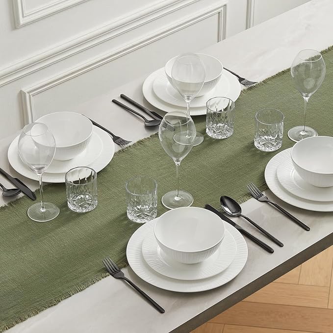 KINGSTONE 14 x 72 Inches Frayed Edge Table Runner, 270G Heavyweight Sand Washed Slub Texture Cotton Linen for Modern Farmhouse, Rustic Home Decorations Dining Room Wedding Boho Decor, Moss Green