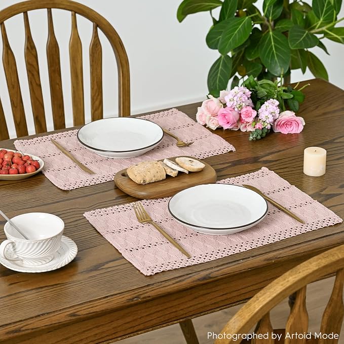 Artoid Mode Pink Farmhouse Woven Rustic Hollow Placemats Set of 6,12x18 Inch Seasonal Holiday Table Mats Party Kitchen Dining Decoration