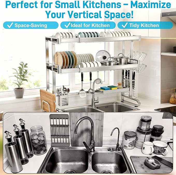 Over The Sink Dish Drying Rack,Large Capacity 23.8"-39.3",Over The Sink Dish Srying Rack Expandable Drainer & Storage Organizer for Kitchen Counter Full Stainless Steel