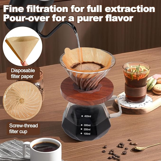 Pour Over Coffee Maker 13.5oz Portable Glass Coffee Maker High Borosilicate Glass Eagle Beak Spout Design with 50 Pcs Filter Paper Walnut Wood Base for Pour Over for Daily Brewing 400ml