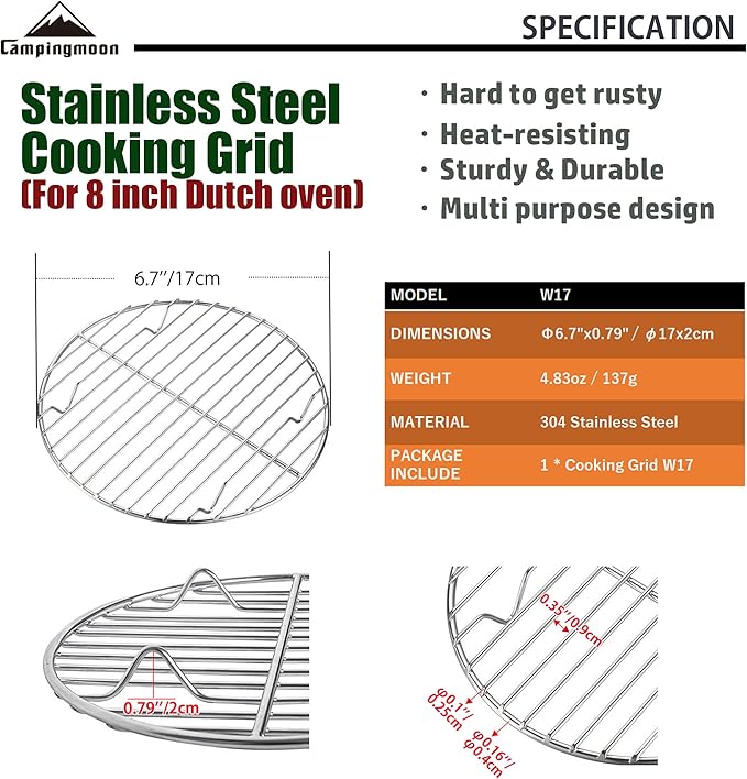 CAMPINGMOON Round Roasting Baking Steaming Cooling Rack Cooking Grid Grill Stainless Steel Fits for Dutch Oven (Diameter φ6.7inch, W17)