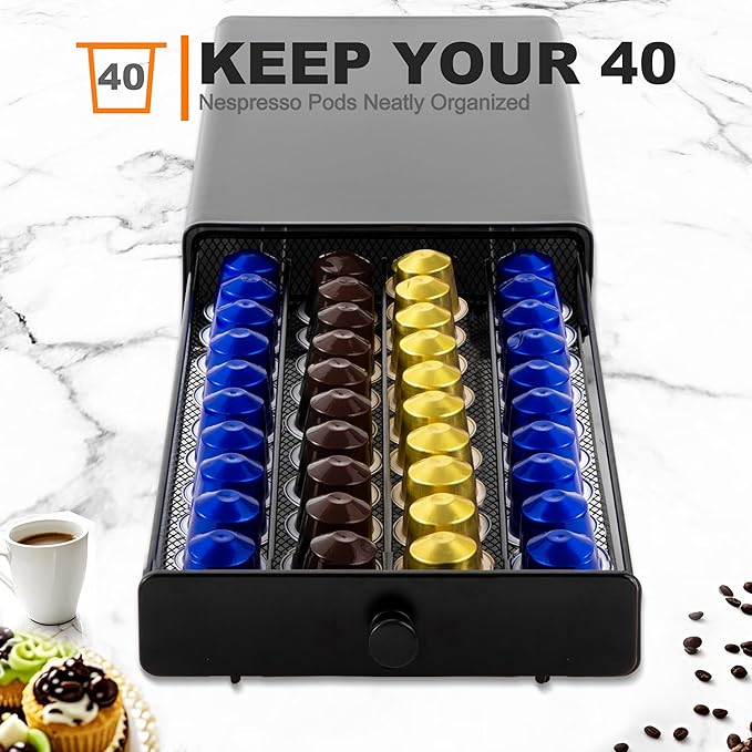 ROWISE Coffee Pod Drawer Compatible with Nespresso Original Line, Coffee Pod Holder for counter, 40 Capsules Capacity, Black
