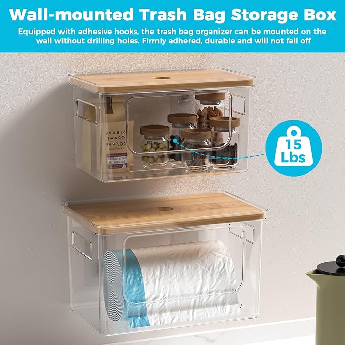 Trash Bag Holder Dispenser with Bamboo Lid, 2 Pack Clear Stackable Plastic Grocery Bag Holder for Home Kitchen Pantry Countertop, Medium & Large Wall Mounted Storage Bins for Onion Potato Storage