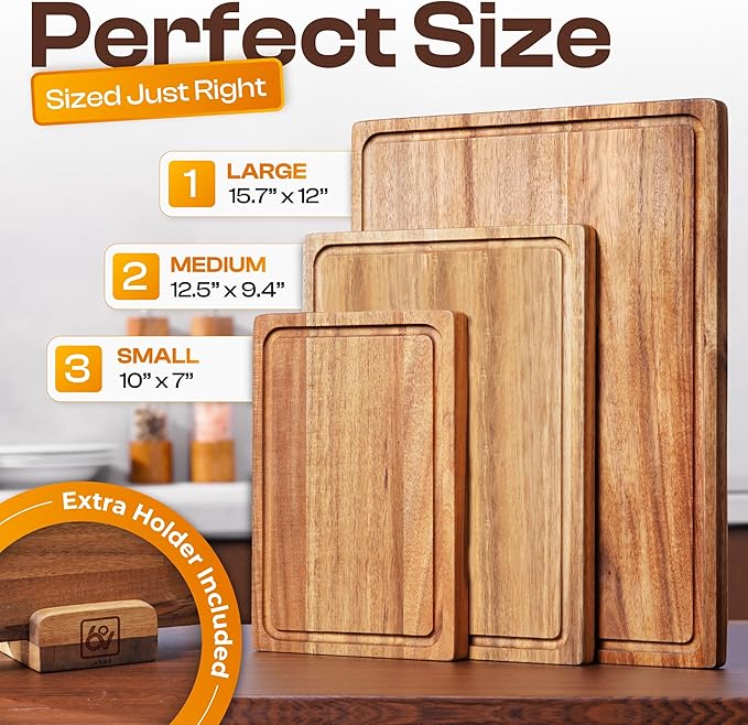 Acacia Wood Cutting Board Set of 3 – 2-in-1 Reversible Butcher Blocks & Serving Trays with Juice Groove, 100% Natural Hardwood, Multi-Size, Gift Box Ready