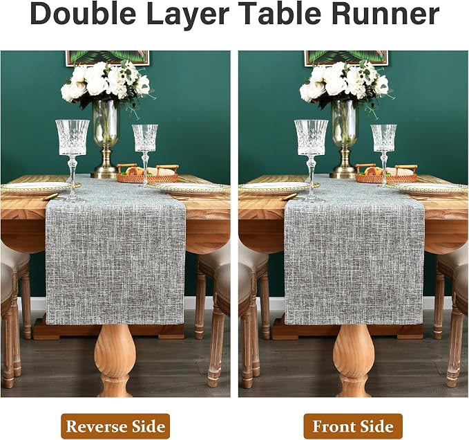 Farmhouse Rustic Faux Linen Table Runner Neutral Grey Table Runners Double Layer Reversible Rectangle Runners for Daily Use Kitchen Dining Banquet Holiday 13x72 Inch