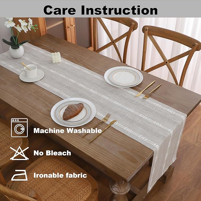 Gernaice Boho Table Runner, Embroidered Cotton Linen Farmhouse Table Runners for Dresser End Coffee Table Home Decor, 24" L X 13" W Brown