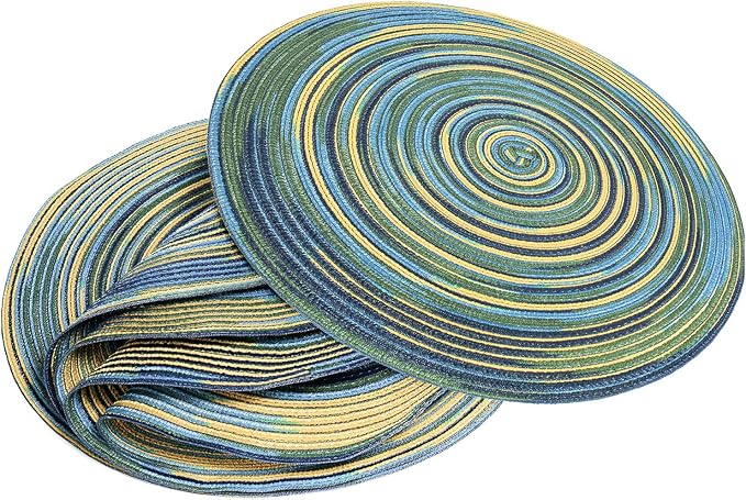 DOZZZ Round Placemats Farmhouse Boho Placemats 15 inch Set of 6 Braided Colorful Rainbow Woven Heat Resistant Place Mats Table Mats Blue 1 Pack