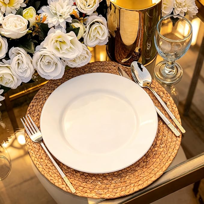 UNZTMH®13.5 Inch Round Braided Placemats Set of 6 | Natural Water Hyacinth, Rattan & Jute Woven Mats | Heat Resistant Non-Slip for Kitchen, Dining, Party & Holiday Decor