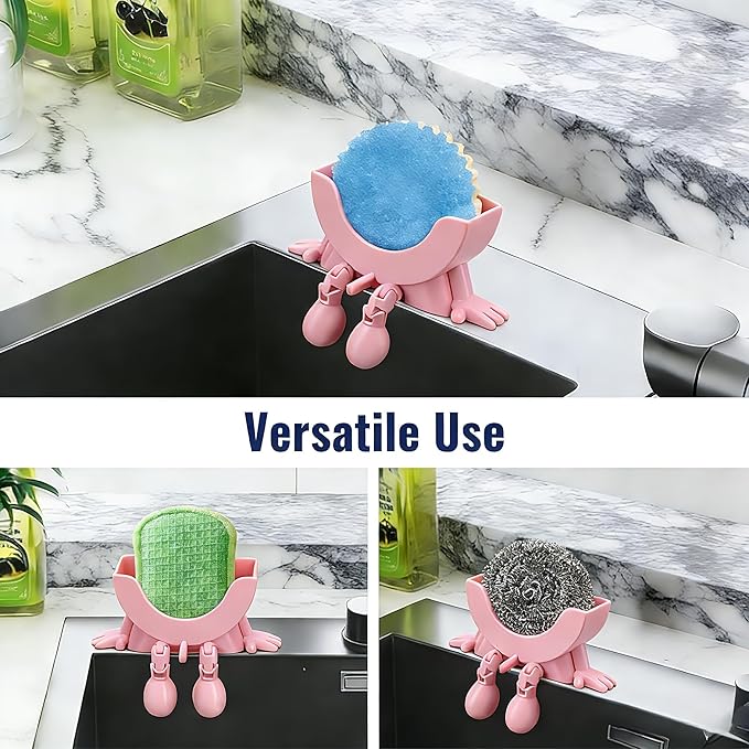 Cute Hanging Sponge Holder with Drainage,3D Printed Kitchen Funny Sponge Stand for Sink,with Non-Slip Pads,Suitable for Scrub Daddy Holder,Keeps Your Sponge Dry Smiling (Pink)