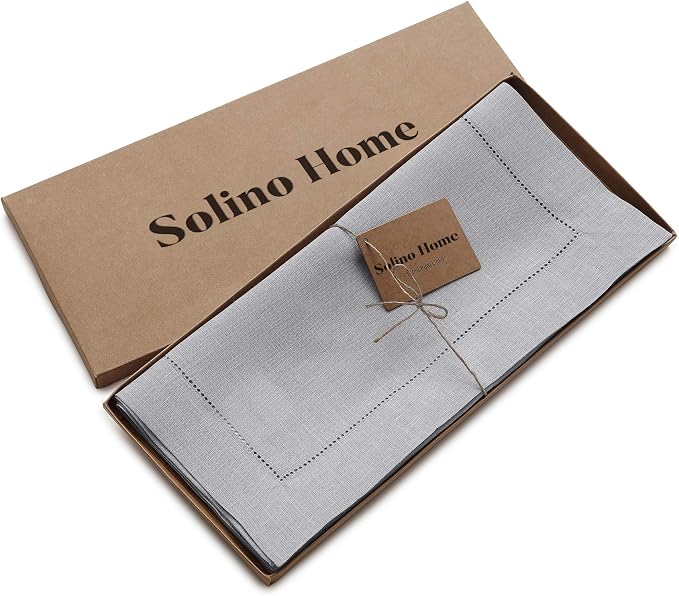 Solino Home Linen Soft Grey Table Runner 60 Inches - Classic Hemstitch, 100% Pure Linen Coffee Table Runner 14 x 60 Inch Ideal for Dresser Tables - Summer