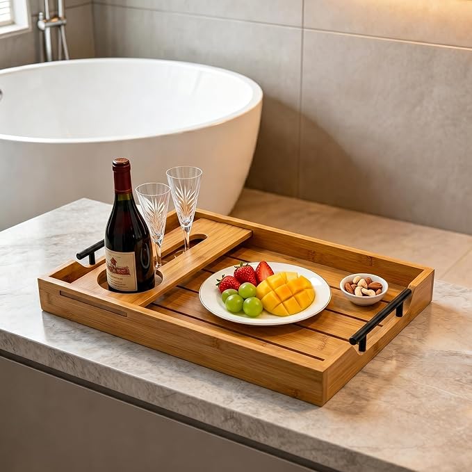 Serving Tray with Wine Glass Holder, Charcuterie Snack Tray with Handles for Wine, Cheese, Fruit and Nuts, Picnic Tray for Parties, Coffee Table and Entertaining