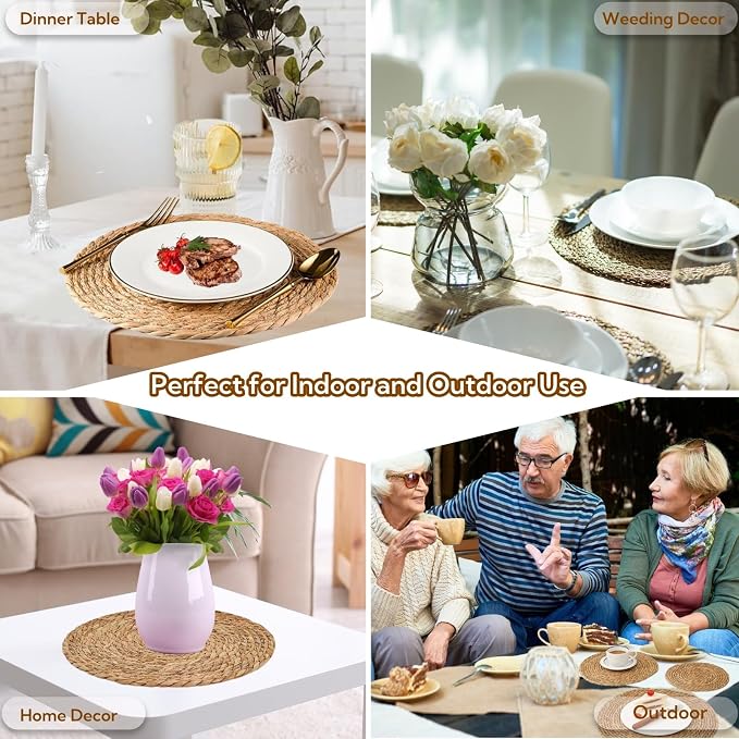 Woven Placemats Set of 6, 13.5" Round Rattan Placemats, Natural Water Hyacinth Place mats, Farmhouse Weave Place Mats, Rustic Braided Wicker Table Mats for Dining Table, Home, Outdoor